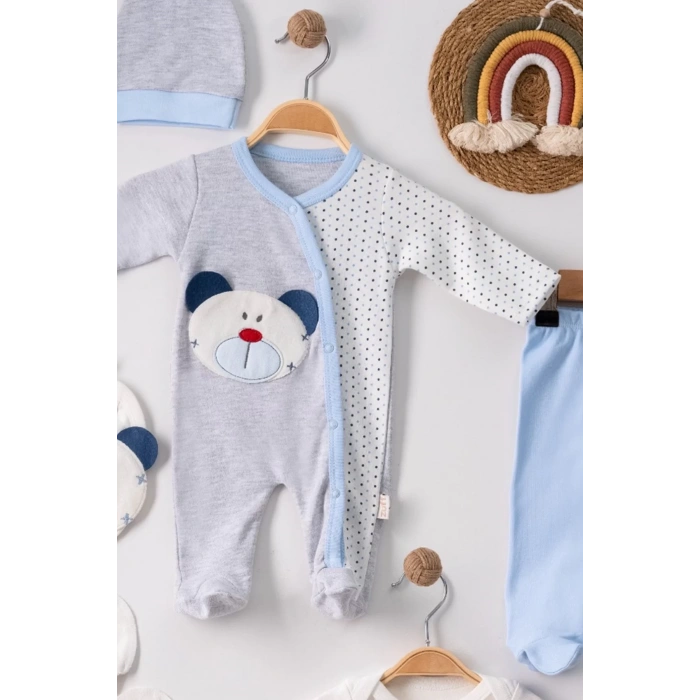 Eterelle Ayıcık Nakışlı Tulumlu % 100 Pamuk Erkek Bebek 5li Set