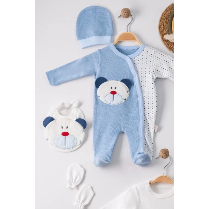 Eterelle Ayıcık Nakışlı Tulumlu % 100 Pamuk Erkek Bebek 5li Set