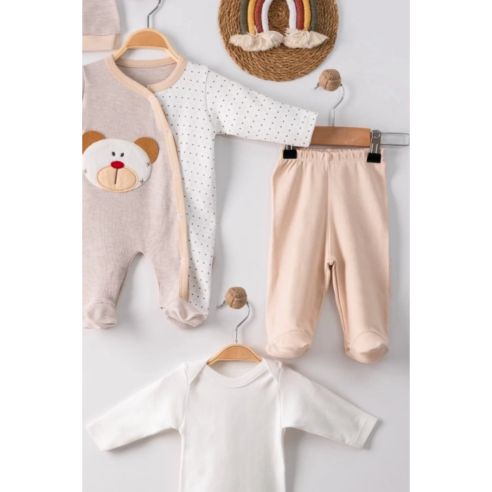 Eterelle Ayıcık Nakışlı Tulumlu % 100 Pamuk Erkek Bebek 5li Set