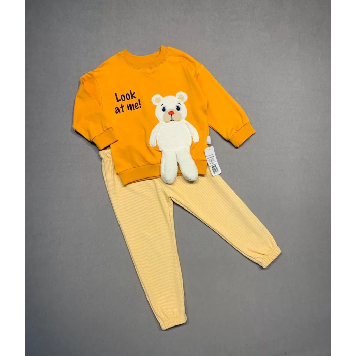 Eterelle 2-3-4 Yaş Ayıcık Sallanan Ayak Desenli Likra Penye Kumaş Sweat Pantolonlu Kız Erkek 2li Çocuk Takımı Turuncu