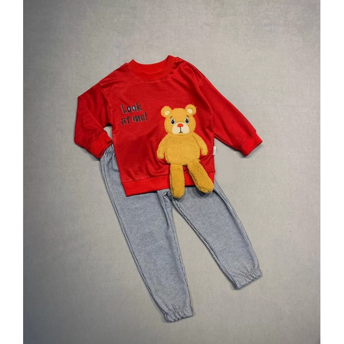 Eterelle 2-3-4 Yaş Ayıcık Sallanan Ayak Desenli Likra Penye Kumaş Sweat Pantolonlu Kız Erkek 2li Çocuk Takımı Kırmızı