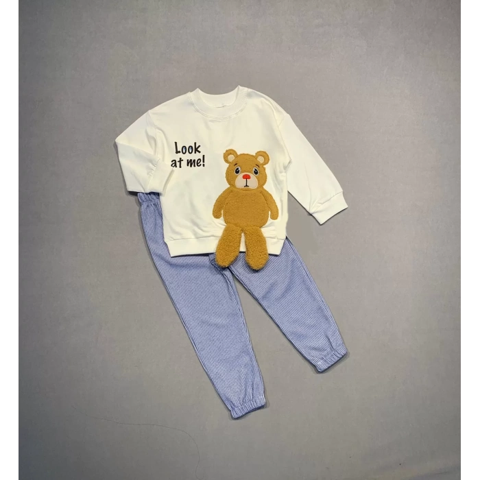 Eterelle 2-3-4 Yaş Ayıcık Sallanan Ayak Desenli Likra Penye Kumaş Sweat Pantolonlu Kız Erkek 2li Çocuk Takımı Ekru