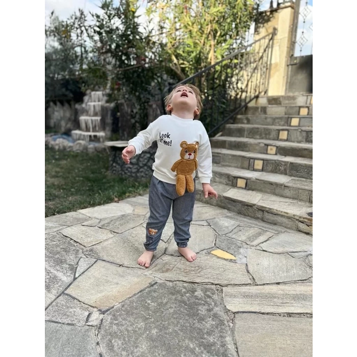 Eterelle 2-3-4 Yaş Ayıcık Sallanan Ayak Desenli Likra Penye Kumaş Sweat Pantolonlu Kız Erkek 2li Çocuk Takımı Siyah