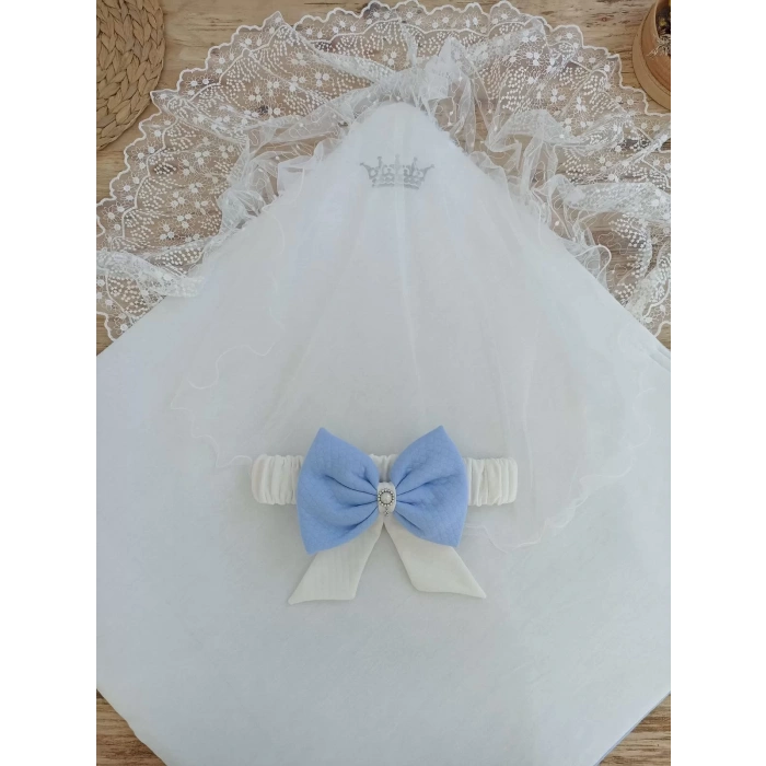 Eterelle Bal Peteği My Prince Taç Nakışlı İnci Fiyonklu Dantel Duvaklı Delüks Kundak Bebek Battaniyesi Mavi