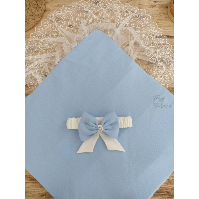 Eterelle Bal Peteği My Prince Taç Nakışlı İnci Fiyonklu Dantel Duvaklı Delüks Kundak Bebek Battaniyesi Mavi