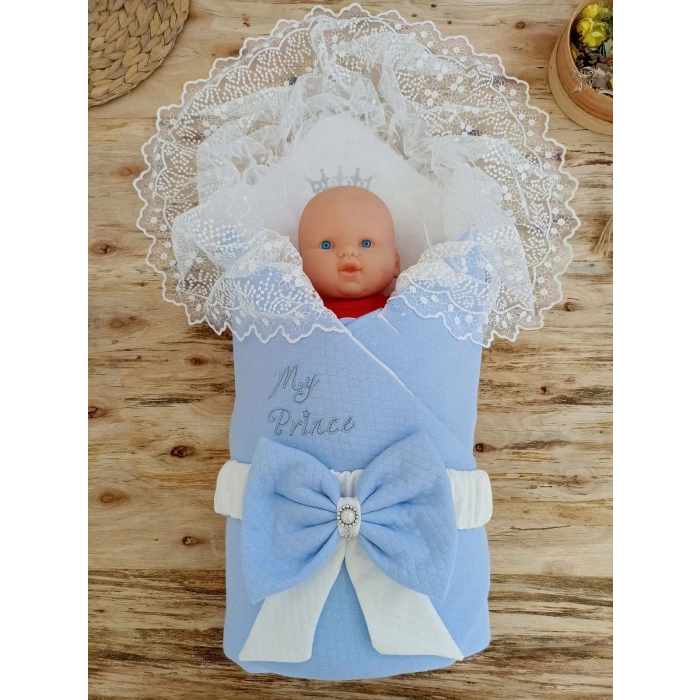 Eterelle Bal Peteği My Prince Taç Nakışlı İnci Fiyonklu Dantel Duvaklı Delüks Kundak Bebek Battaniyesi Mavi
