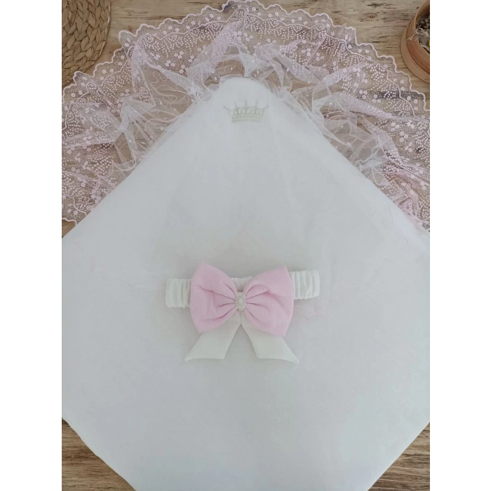 Eterelle Bal Peteği My Princess Taç Nakış İnci Fiyonklu Dantel Duvaklı Delüks Kundak Bebek Battaniyesi Pembe