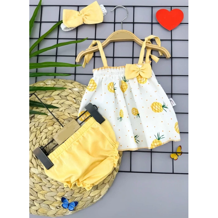 Eterelle 3-6-9-12 Ay Bandajlı Ve Kilotlu Ananas Desenli Askılı 3lü Kız Bebek Elbisesi Sarı