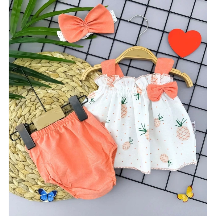 Eterelle 3-6-9-12 Ay Bandajlı Ve Kilotlu Ananas Desenli Askılı 3lü Kız Bebek Elbisesi Turuncu