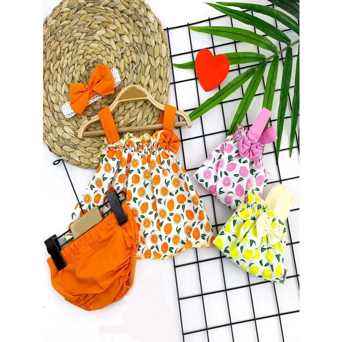 Eterelle 3-6-9-12 Ay Bandajlı Ve Kilotlu Meyve Desenli Askılı 3lü Kız Bebek Elbisesi Pembe