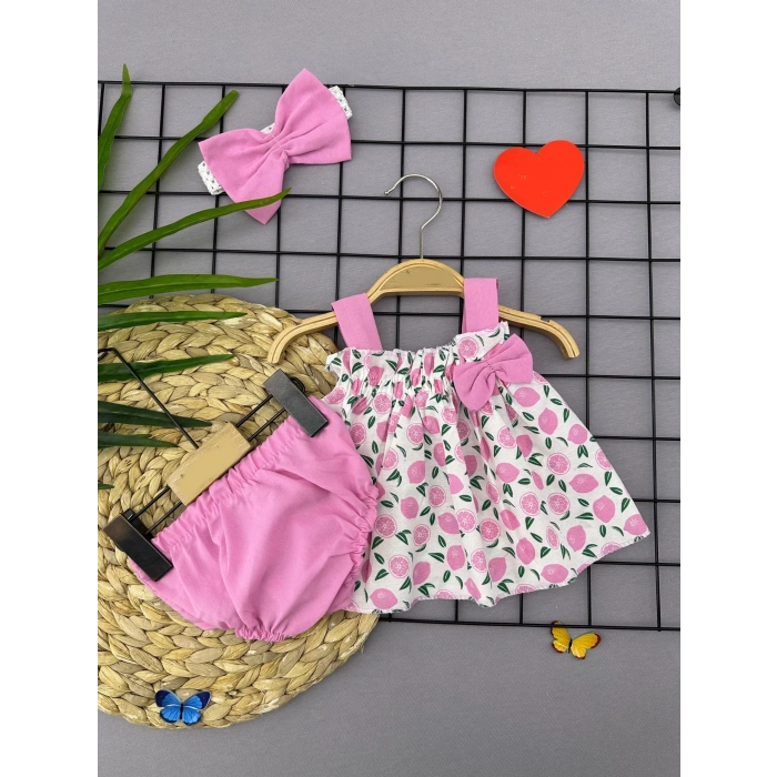 Eterelle 3-6-9-12 Ay Bandajlı Ve Kilotlu Meyve Desenli Askılı 3lü Kız Bebek Elbisesi Pembe