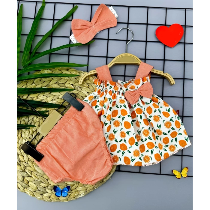 Eterelle 3-6-9-12 Ay Bandajlı Ve Kilotlu Meyve Desenli Askılı 3lü Kız Bebek Elbisesi Turuncu