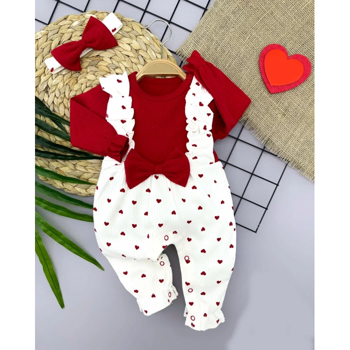 Eterelle 3-6-9-12 Ay Bandanalı Fiyonk Detaylı Salopet Görünümlü Kalp Desenli 2li Kız Bebek Tulumu Kırmızı