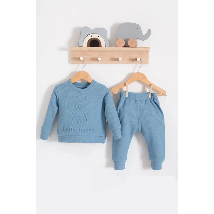 Eterelle Bear Gofre Kabartmalı 2li Erkek Bebek Takımı