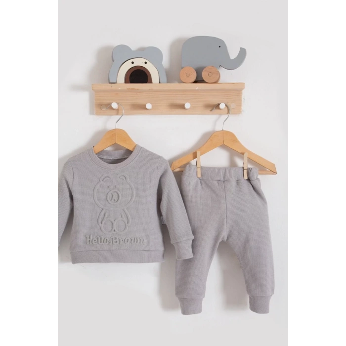 Eterelle Bear Gofre Kabartmalı 2li Erkek Bebek Takımı