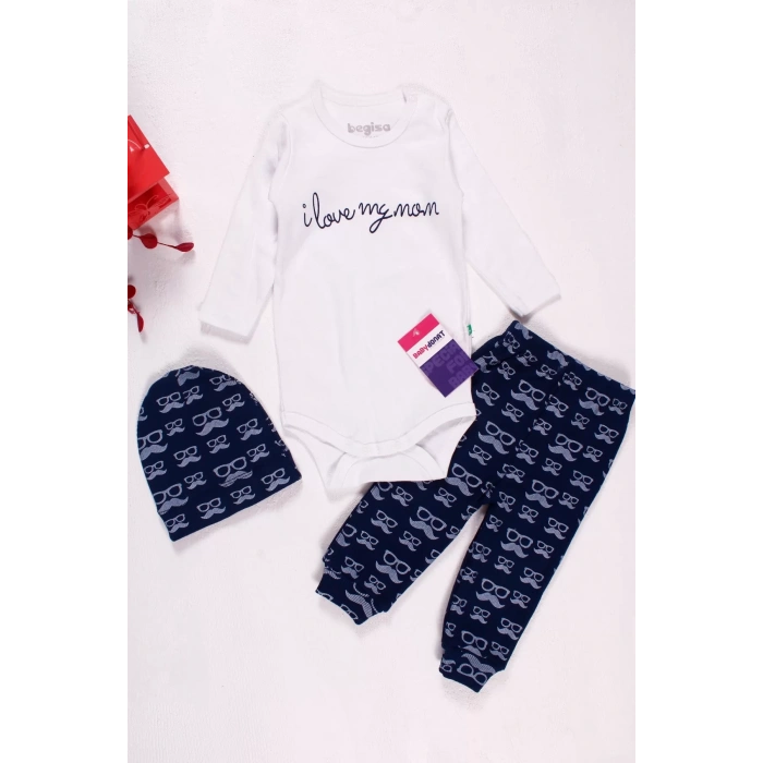 Eterelle Bıyık Gözlük Desenli 3lü Erkek Bebek Takımı