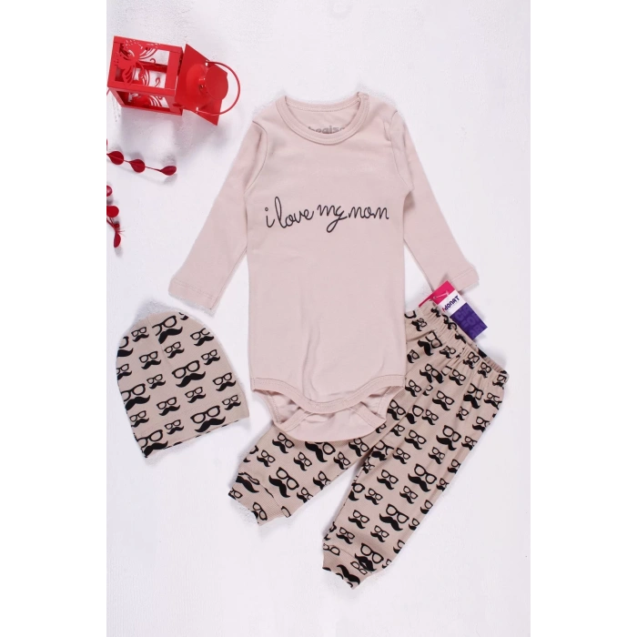 Eterelle Bıyık Gözlük Desenli 3lü Erkek Bebek Takımı