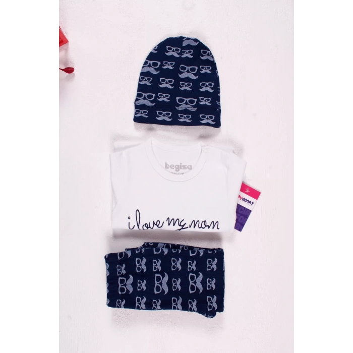 Eterelle Bıyık Gözlük Desenli 3lü Erkek Bebek Takımı