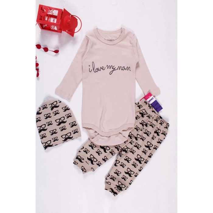 Eterelle Bıyık Gözlük Desenli 3lü Erkek Bebek Takımı