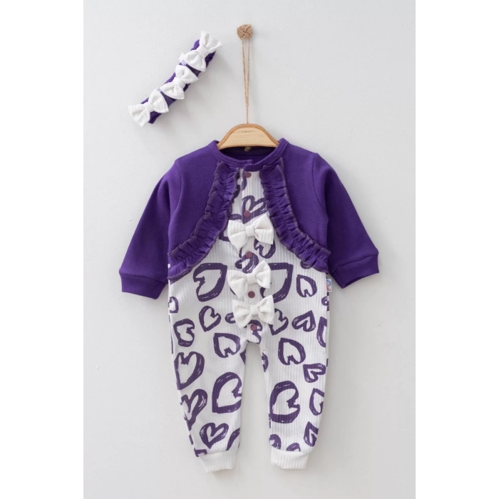 Eterelle Bolerolu Kalp Desenli % 100 Pamuk Kız Bebek Tulum