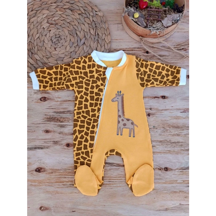 Eterelle 0-3 3-6 Ay Boy Fermuar Zürafa Nakışlı Kız Erkek Bebek Tulum Sarı