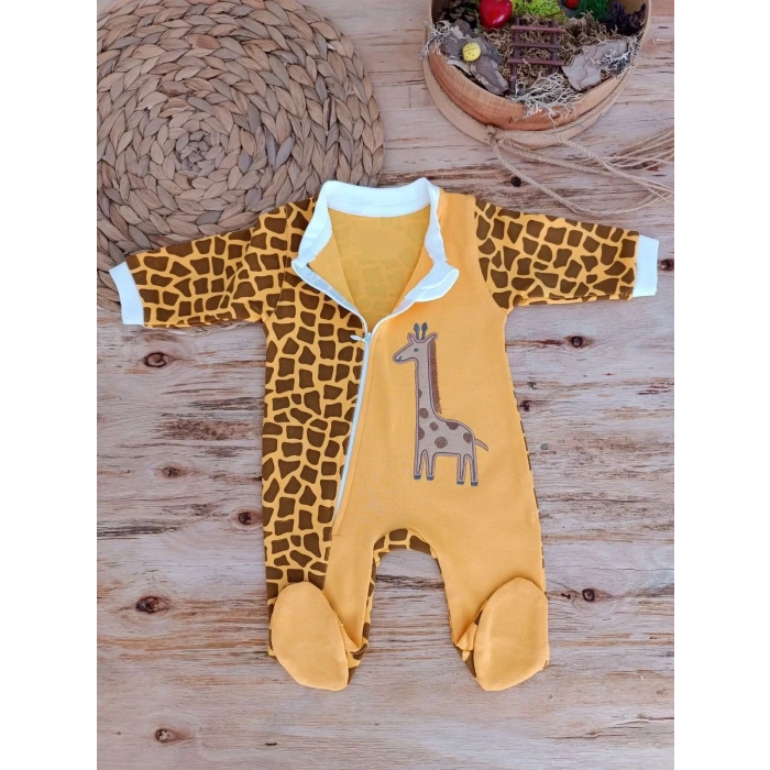 Eterelle 0-3 3-6 Ay Boy Fermuar Zürafa Nakışlı Kız Erkek Bebek Tulum Sarı