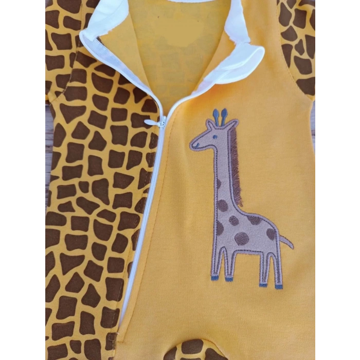Eterelle 0-3 3-6 Ay Boy Fermuar Zürafa Nakışlı Kız Erkek Bebek Tulum Sarı
