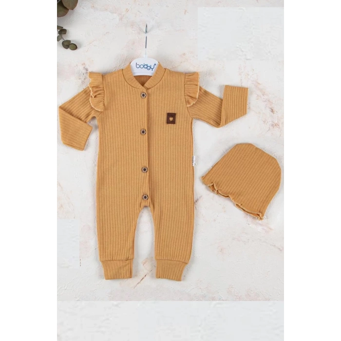 Eterelle Boydan Düğmeli Şapkalı % 100 Pamuk Kız Bebek Tulumu