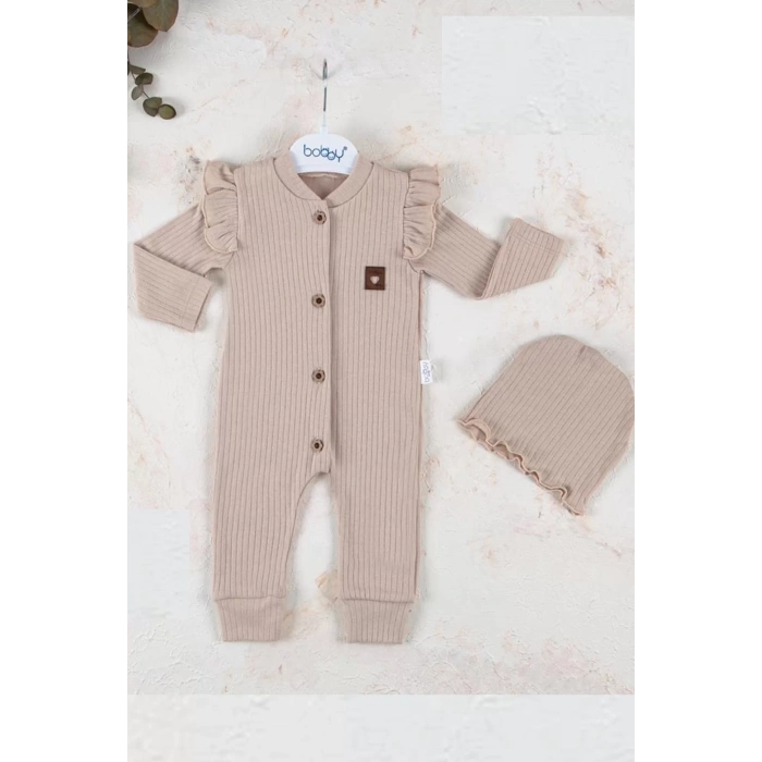 Eterelle Boydan Düğmeli Şapkalı % 100 Pamuk Kız Bebek Tulumu