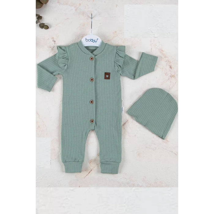 Eterelle Boydan Düğmeli Şapkalı % 100 Pamuk Kız Bebek Tulumu