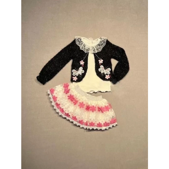 Eterelle 1-2-3 Yaş Brode Etekli Örme Hırkalı Uzun Kollu Sweat 3lü Kız Çocuk Takımı Siyah