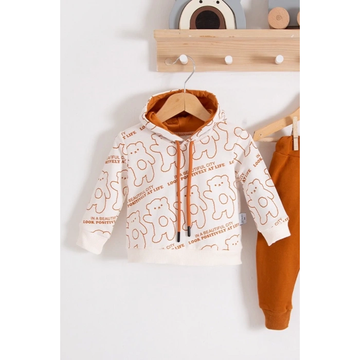 Eterelle Çapraz Bears Kapüşonlu % 100 Pamuk Erkek Bebek Takımı