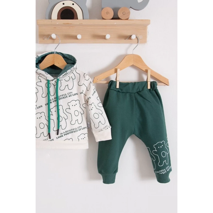 Eterelle Çapraz Bears Kapüşonlu % 100 Pamuk Erkek Bebek Takımı