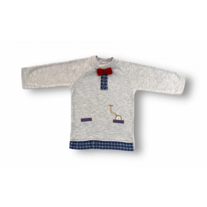 Eterelle 3-6 6-9 9-12 Ay Cep Saat Nakışlı Şapkalı Uzun Kollu Sweatli 3lü Erkek Bebek Takımı Mavi