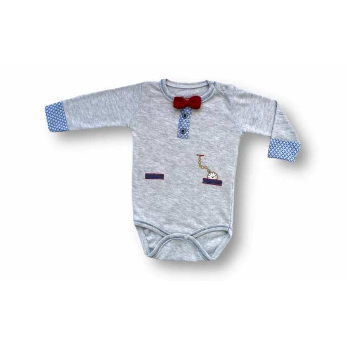 Eterelle 3-6 6-9 9-12 Ay Cep Saat Nakışlı Şapkalı Uzun Kollu Zıbınlı 3lü Erkek Bebek Takımı Mavi