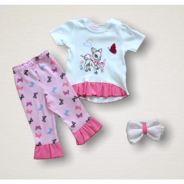 Eterelle 6-9 9-12 12-18 Ay Ceylanın Rüyası Baskılı Bandanalı Kısa Kollu Sweat 3lü Kız Bebek Takımı Ekru