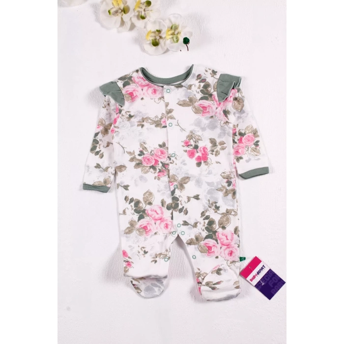 Eterelle Çiçek Desenli Şapkalı Kız Bebek Tulumu