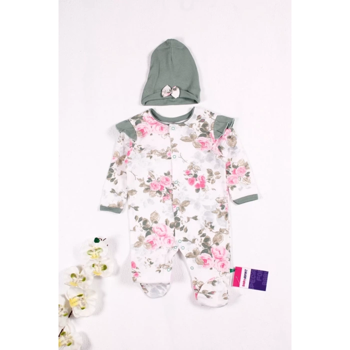 Eterelle Çiçek Desenli Şapkalı Kız Bebek Tulumu