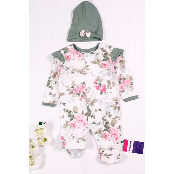 Eterelle Çiçek Desenli Şapkalı Kız Bebek Tulumu