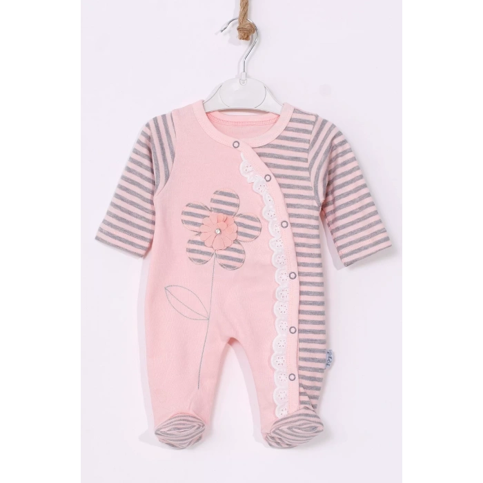 Eterelle Çiçek Nakışlı % 100 Pamuk Ayaklı Kız Bebek Tulumu