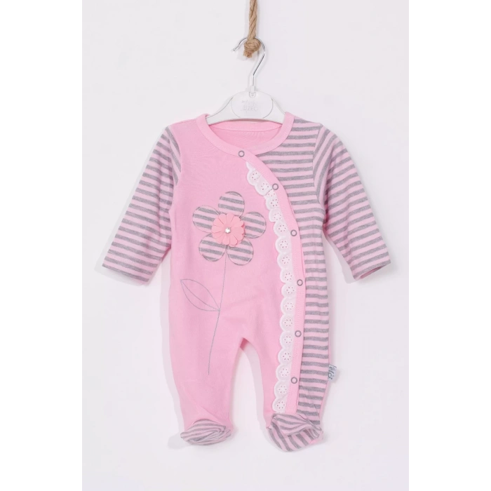 Eterelle Çiçek Nakışlı % 100 Pamuk Ayaklı Kız Bebek Tulumu