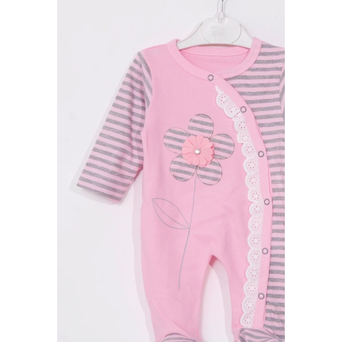 Eterelle Çiçek Nakışlı % 100 Pamuk Ayaklı Kız Bebek Tulumu