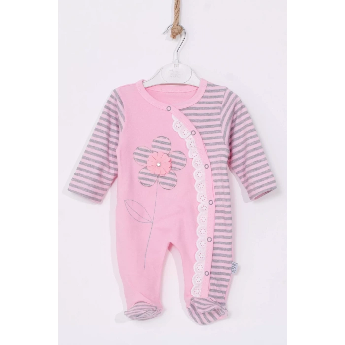 Eterelle Çiçek Nakışlı % 100 Pamuk Ayaklı Kız Bebek Tulumu