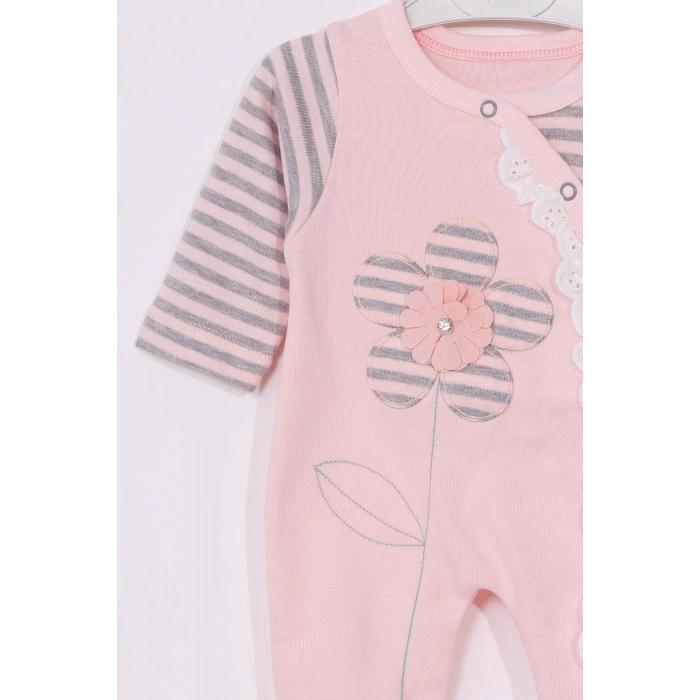 Eterelle Çiçek Nakışlı % 100 Pamuk Ayaklı Kız Bebek Tulumu