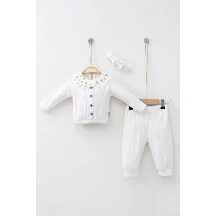 Eterelle Çiçek Nakışlı Düşmeli Bandanalı Kız Bebek Takımı