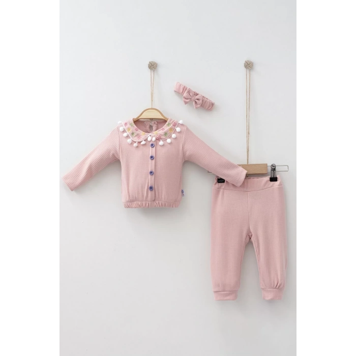 Eterelle Çiçek Nakışlı Düşmeli Bandanalı Kız Bebek Takımı