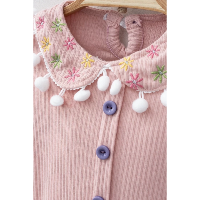 Eterelle Çiçek Nakışlı Düşmeli Bandanalı Kız Bebek Takımı