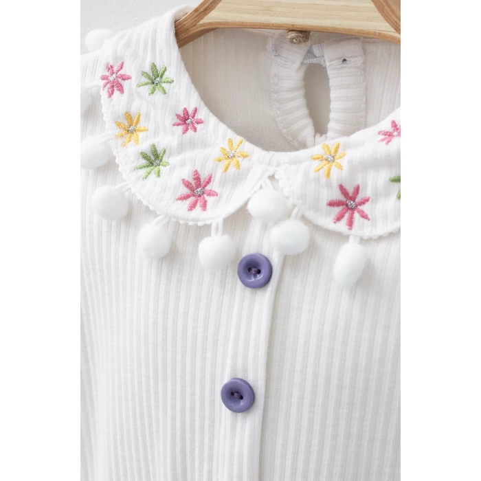 Eterelle Çiçek Nakışlı Düşmeli Bandanalı Kız Bebek Takımı