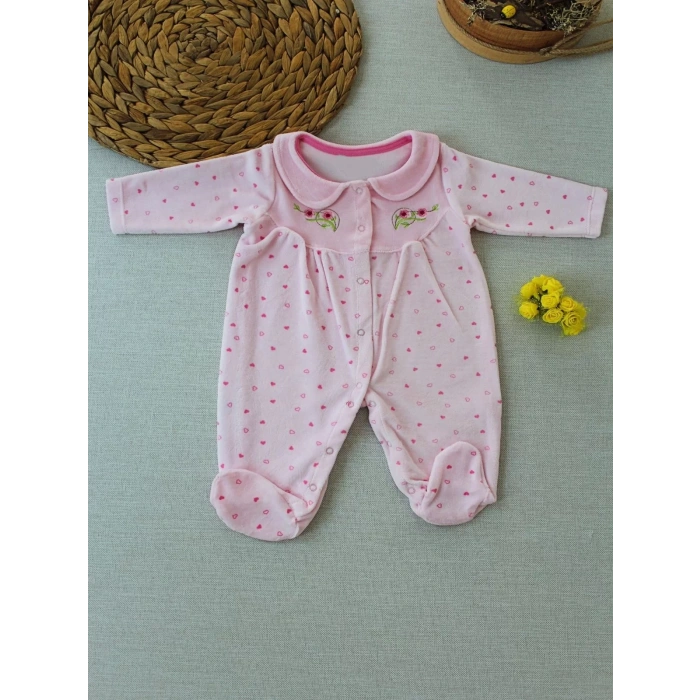 Eterelle 3-6 6-9 9-12 Ay Çiçek Nakışlı Kalp Desenli Kadife Kumaş Kız Bebek Tulumu Pembe