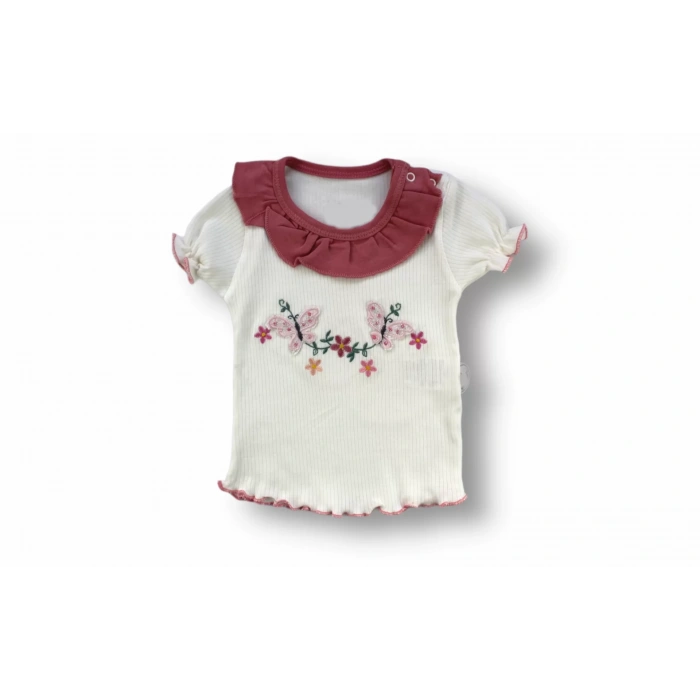 Eterelle 6-9 9-12 12-18 Ay Çiçek Nakışlı Roman Şalvar Bandanalı Kısa Kollu Sweat 3lü Kız Bebek Takımı Nar Çiçeği